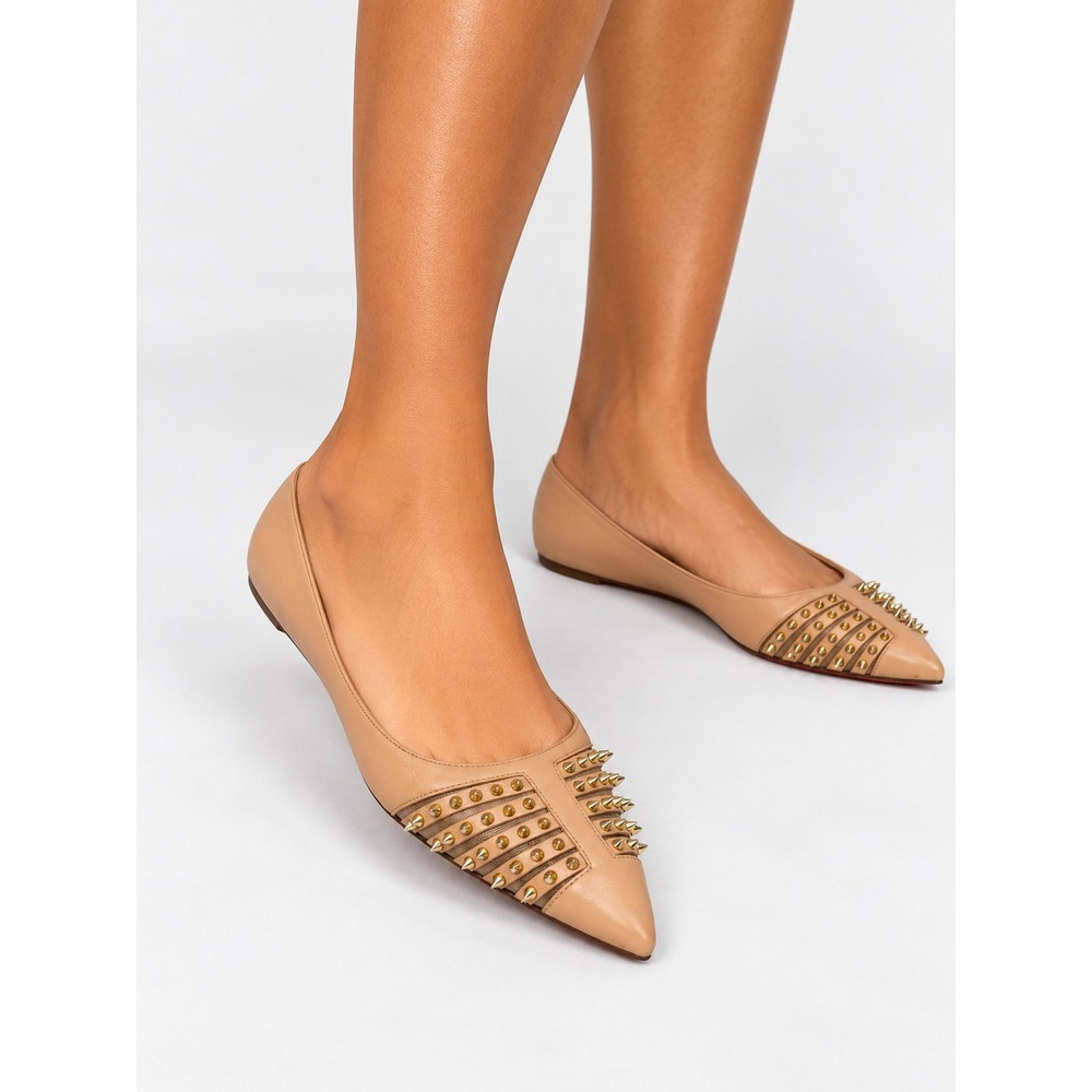 Christian Louboutin Beige Leather Spiked Pointed Toe Red Bottom Flats 37 7